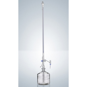 Buretta secondo Pellet, 10 ml, div. 0 02 ml, Classe AS, DURAN, vetro trasparente, graduazioni blu, con identificazione della data del lotto, rubinetto laterale, lungh. 500 mm, SENZA BOTTIGLIA