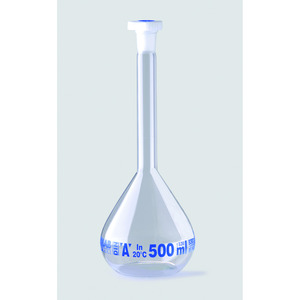 Matraces aforados de vidrio de borosilicato 3.3, clase A, graduación azul, con tapón de PE