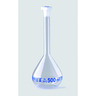 Fiole jaugée, en verre borosilicaté 3.3, classe A, graduations bleues, avec bouchon en PP